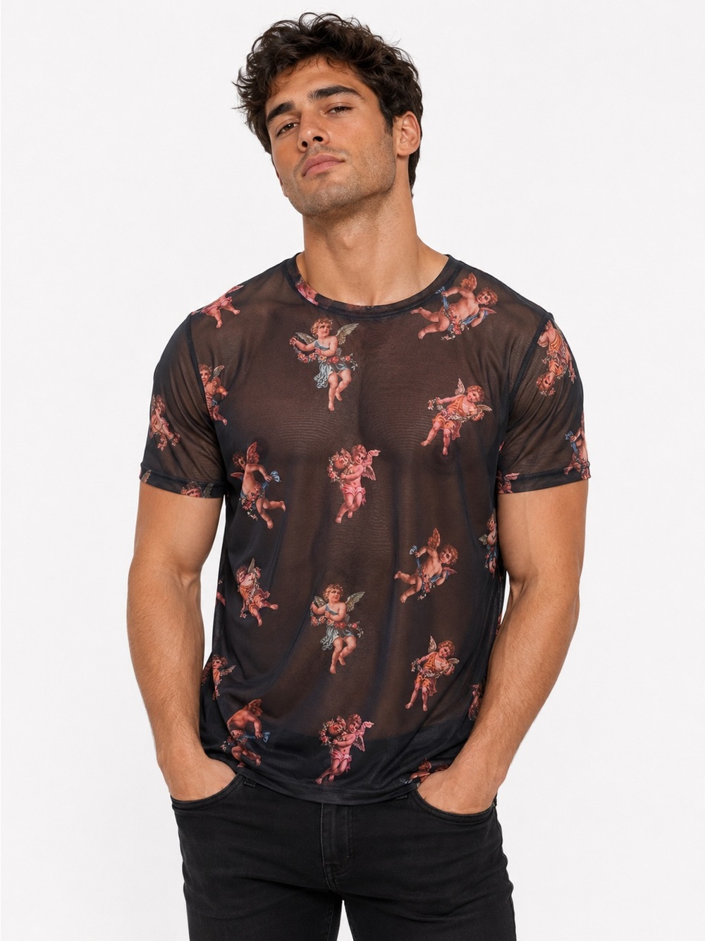 Shein Shirt Semi Sheer Cherub Angel Print Medium Mens Black Club wear Street